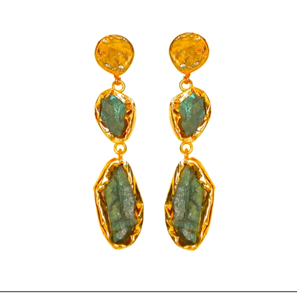 NWT Artisan Made Yellow Gold Tone & Green Crystal Earrings